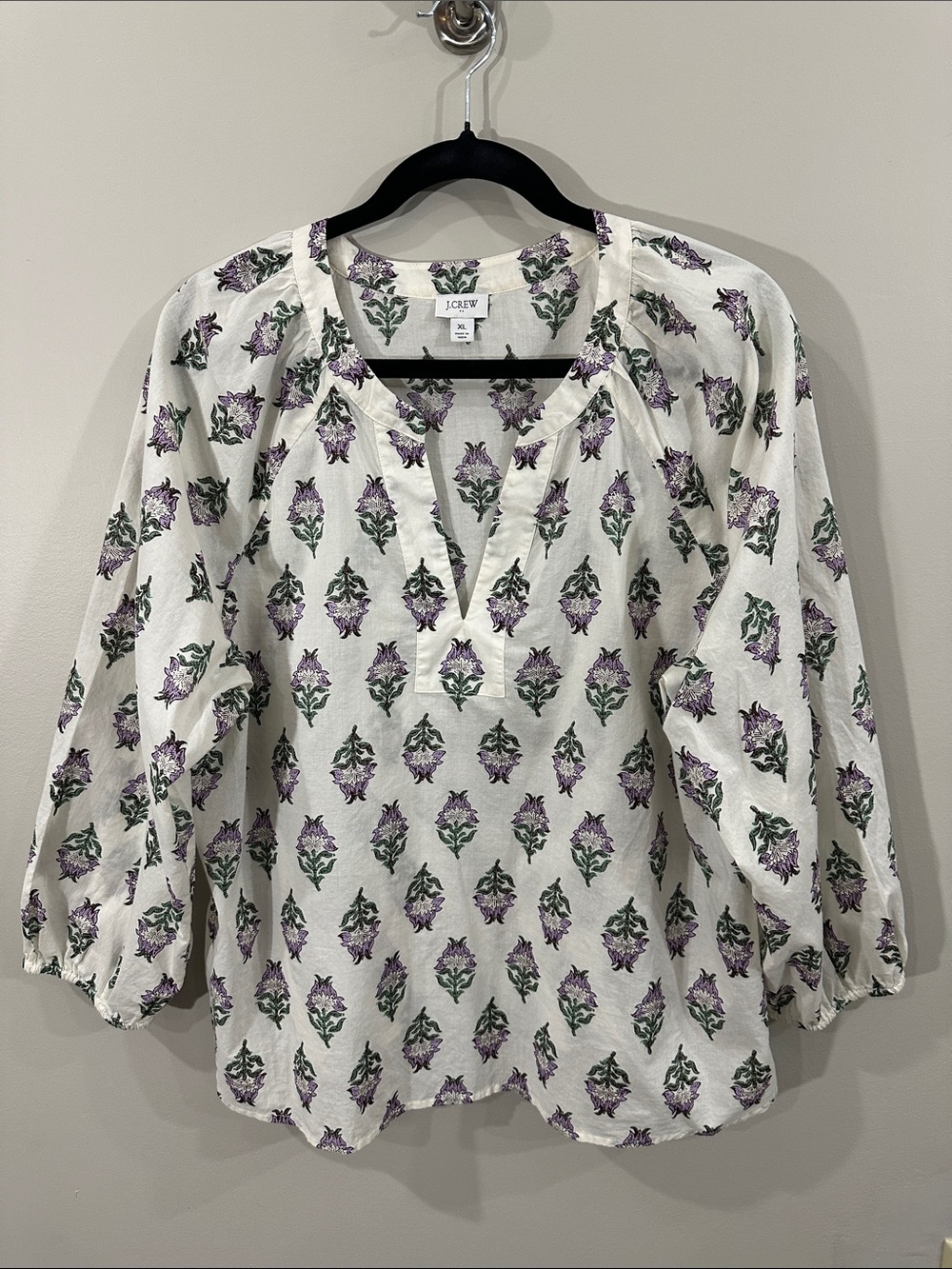 J. Crew White Floral Print Split-Neck Peasant Top, XL